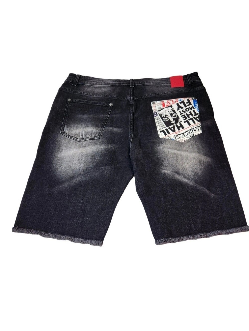 Born Fly Mens Size 36 Shorts Denim Distressed Cutout Patch Design Black Wash 04 - Picture 2 of 14